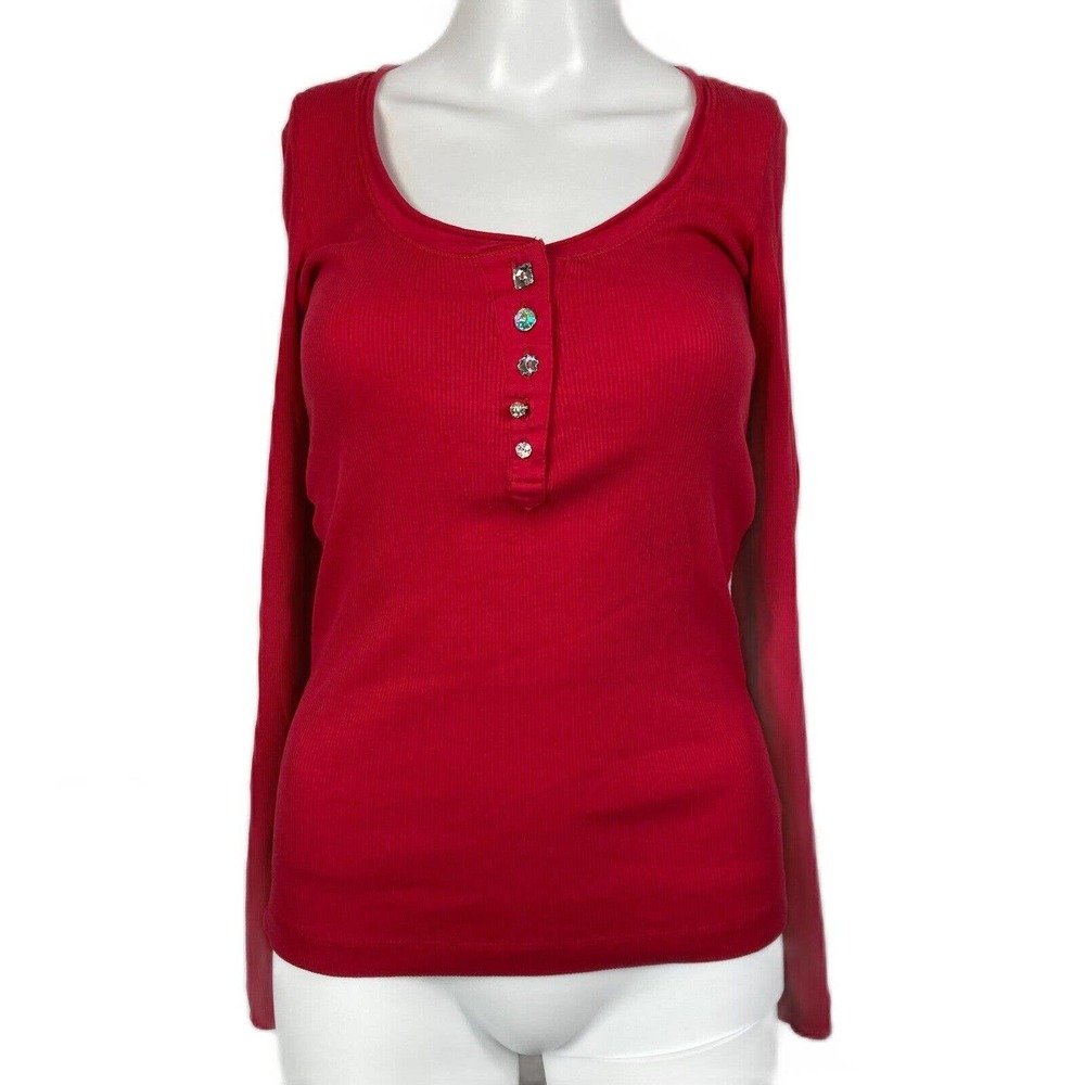 Charlotte Tarantola Anthropologie Shirt S Red Henley Button Stretch Cotton Top